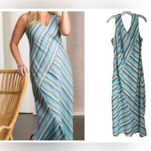 J. Jill Love Linen Maxi Dress Women Plus 1X Blue Lotus Multi Stripe Coastal Bias